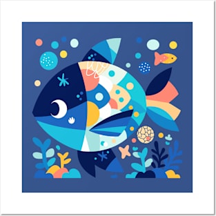 Geometrical Colorful Fish. Adorable Mosaic Cute Kawaii Simple Animal Posters and Art